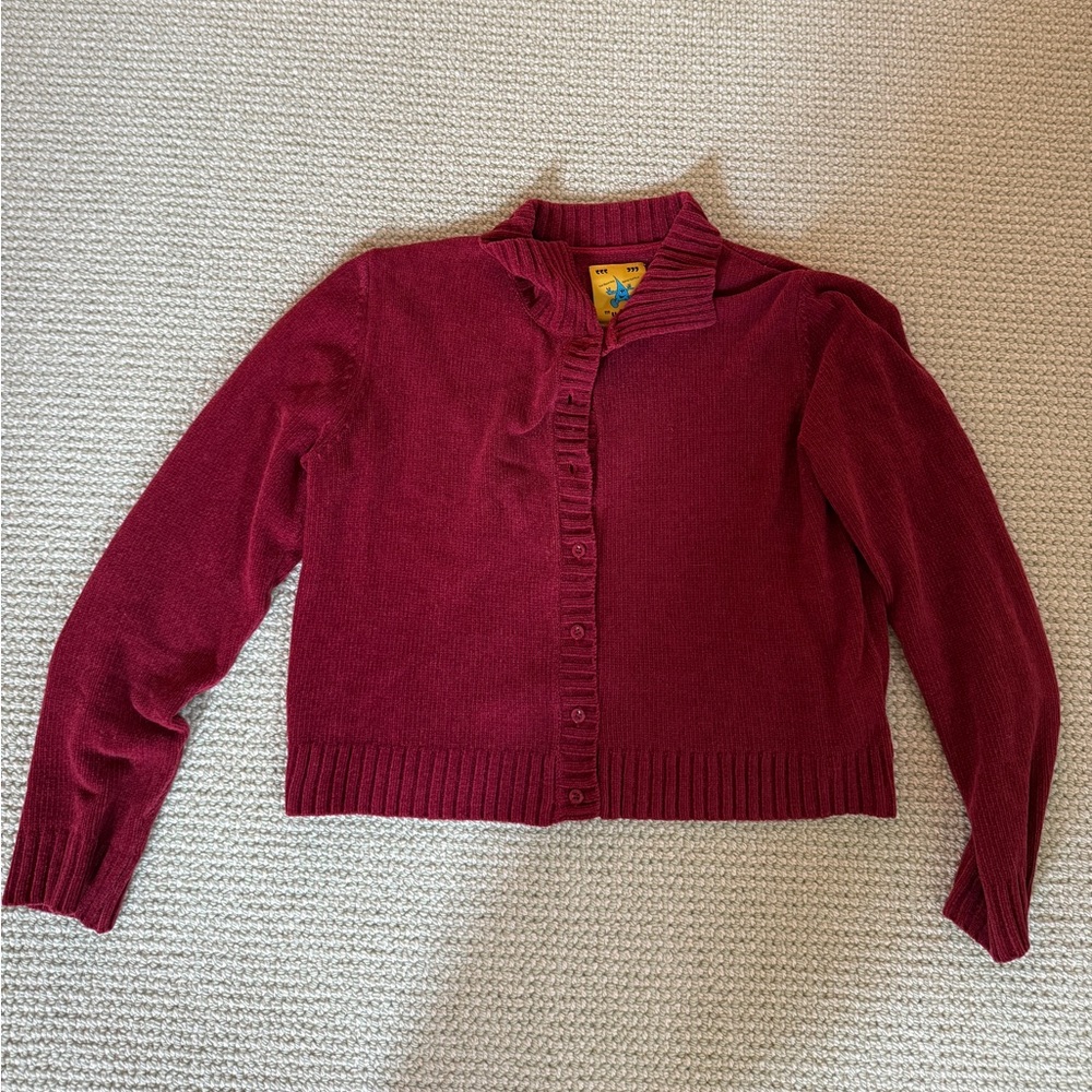UNIF Red Cardigan Sweater with Ribbed Knit and Stand-Up Collar